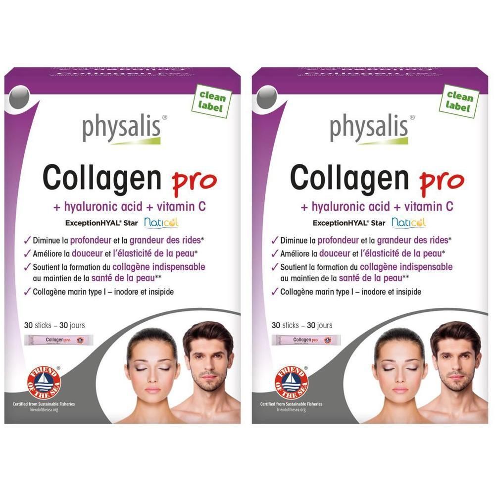 Deux paquets de Physalis Collagène Pro avec acide hyaluronique et vitamine C, 30 sticks par paquet.