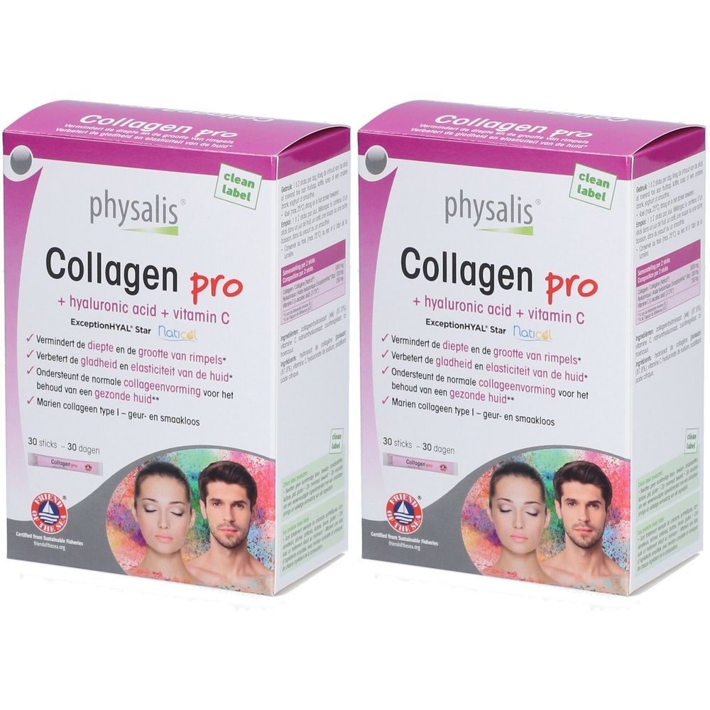 Zwei Kartons physalis® Collagen Pro. Aufschrift: Collagen Pro, Hyaluronsäure + Vitamin C. Mit Abbildung von Gesichtern.