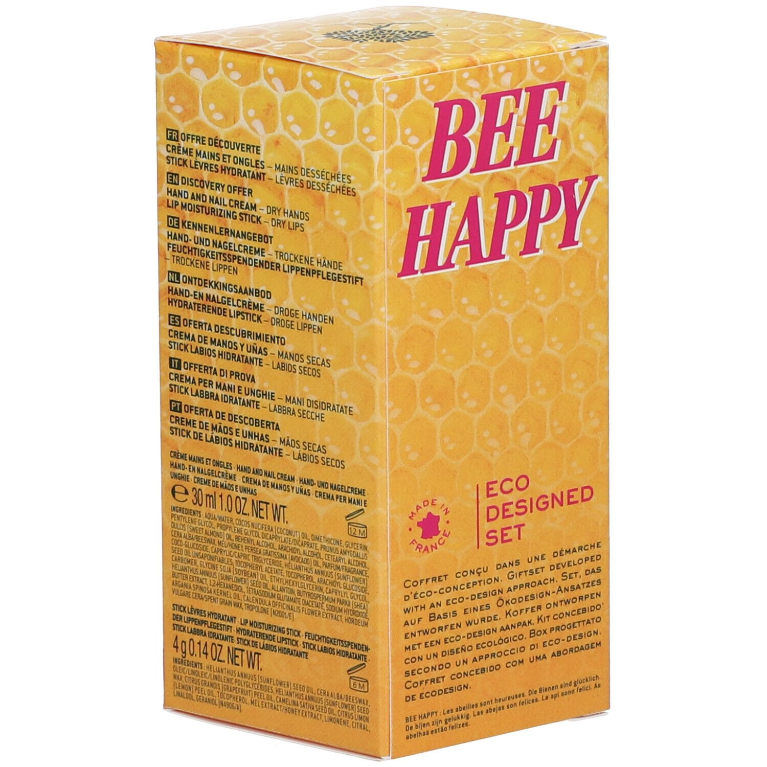 Rückseite der Geschenkbox. Text mit Produktinformationen. Honigwabenmuster. Aufschrift: BEE HAPPY.