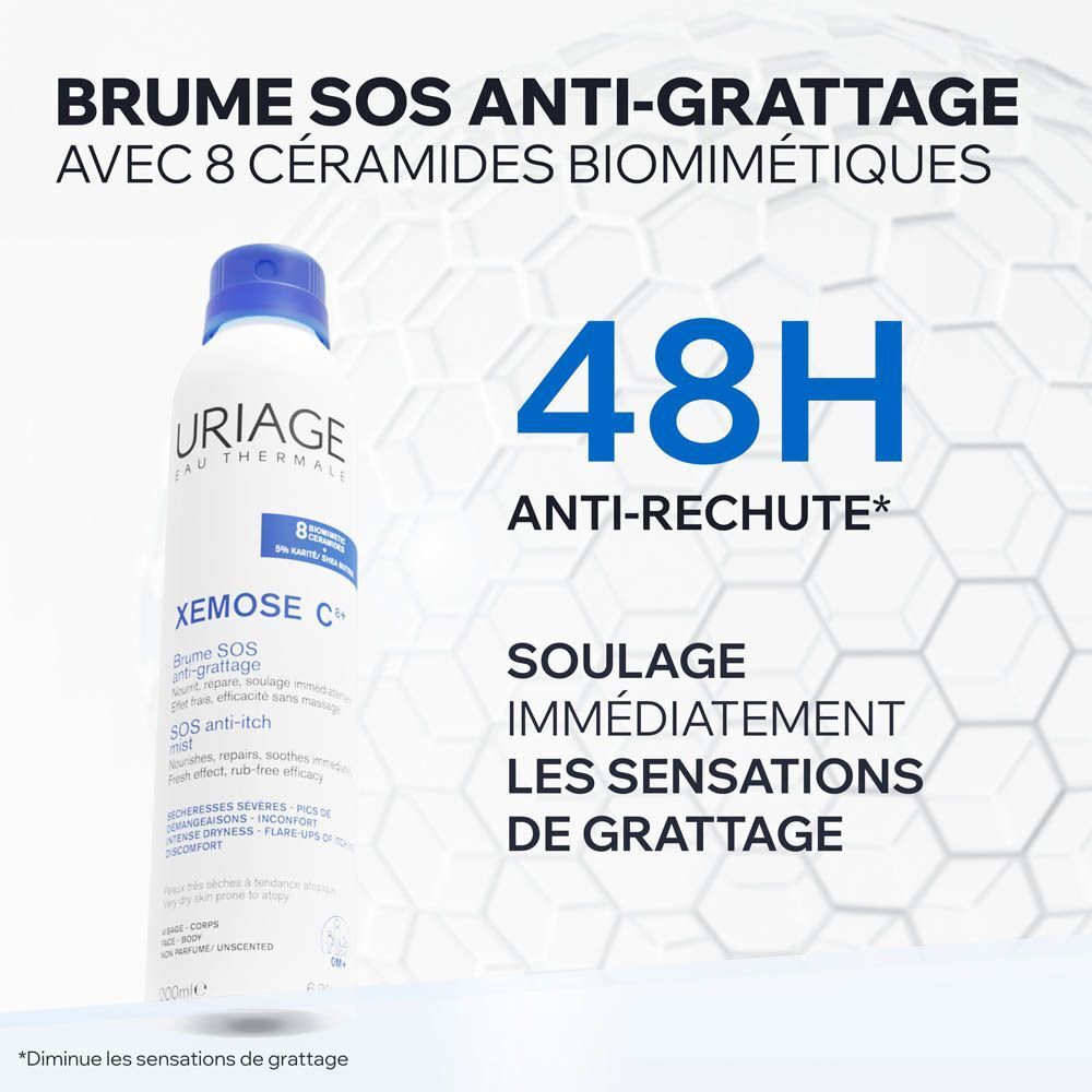 Graphique bleu et blanc. Texte: Brume SOS anti-grattage. 48H Anti-rechute. Soulage immédiatement.