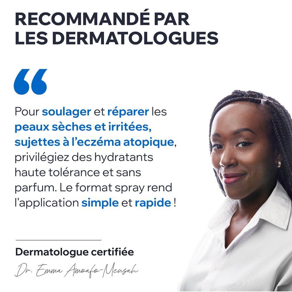 Femme qui parle. Texte: Recommandé par les dermatologues. Le format spray est simple.