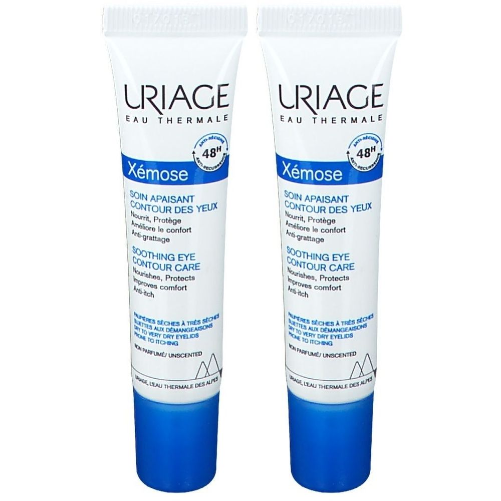 Deux tubes de soin contour des yeux Uriage Xémose. Blanc, bleu et texte. Avec indication 48h.