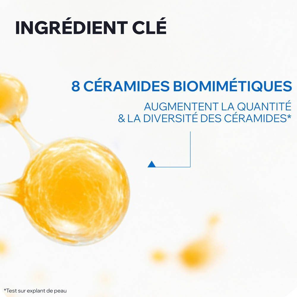Graphique avec molécules et texte. 8 céramides biomimétiques. Augmentent la quantité et la diversité.