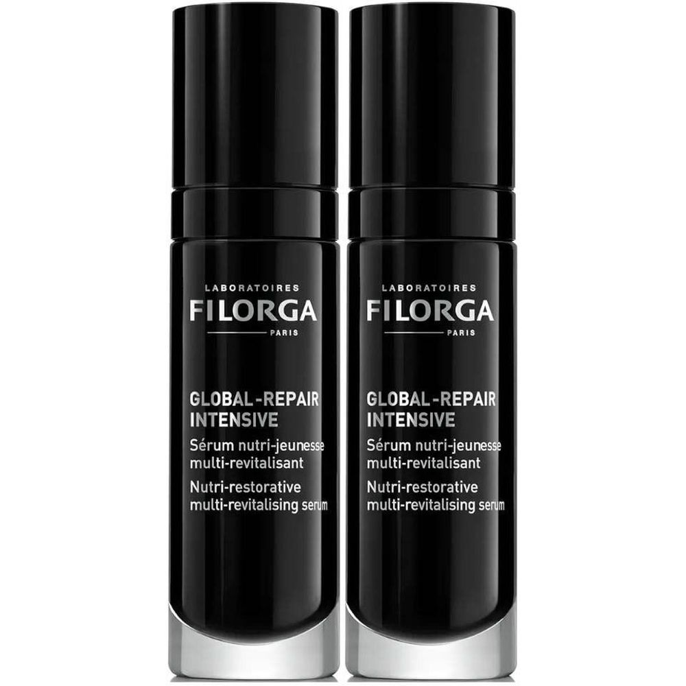 Zwei schwarze Flakons. Aufschrift: FILORGA, GLOBAL-REPAIR INTENSIVE, Sérum nutri-jeunesse multi-revitalisant, Nutri-restorative multi-revitalising serin.