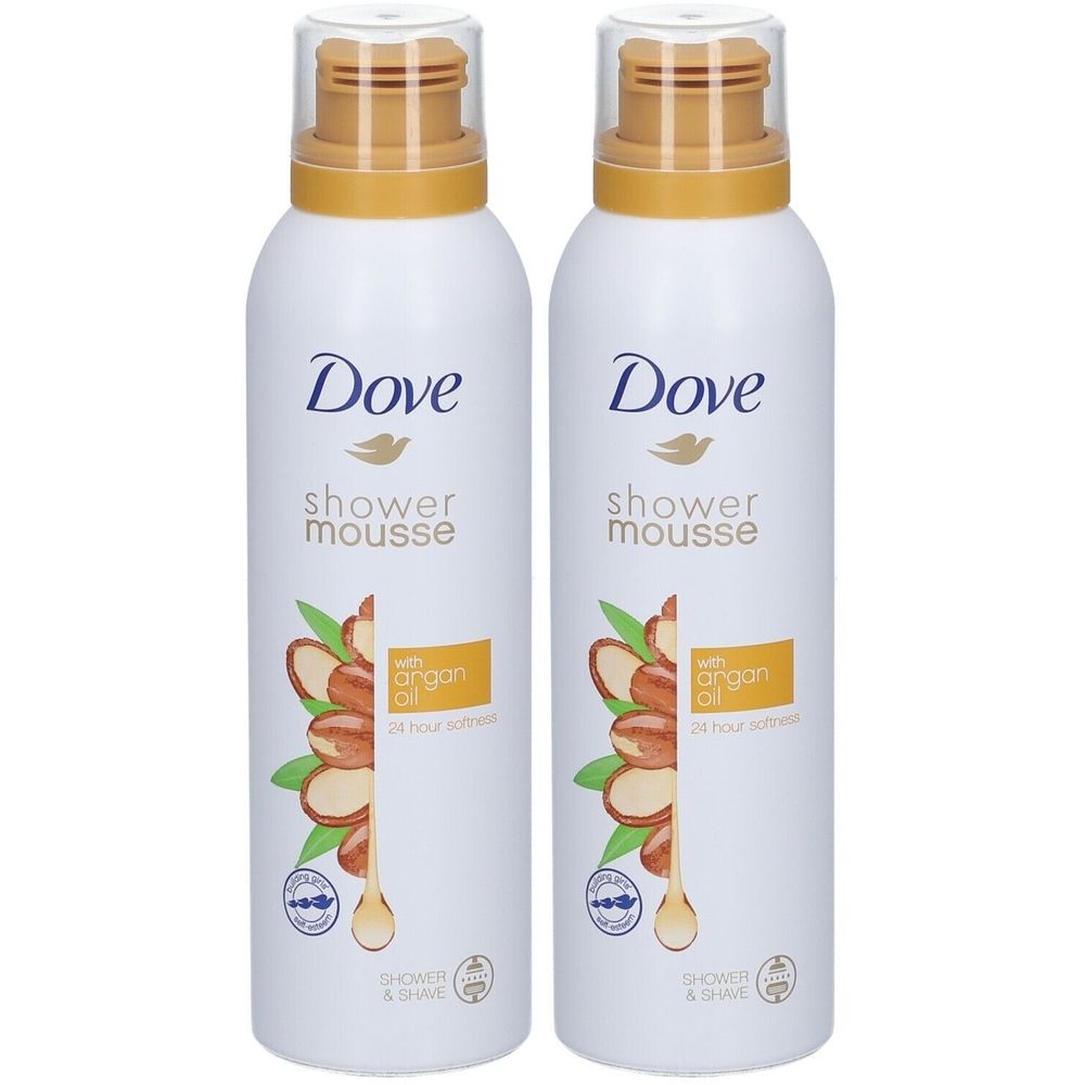 Zwei weiße Flaschen mit goldfarbenen Deckeln. Aufschrift Dove, Shower Mousse, Arganöl. Abbildung von Arganfrüchten.