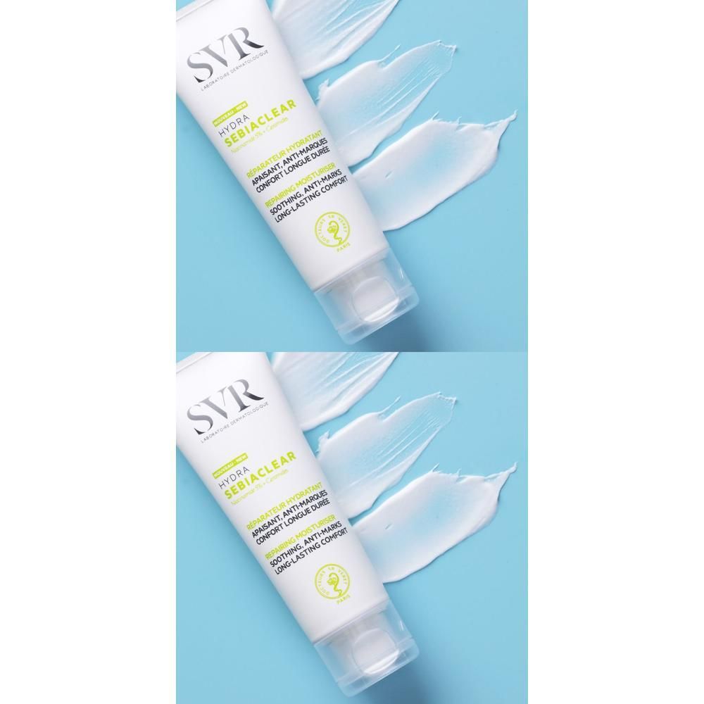 Deux tubes avec des traces de crème sur fond bleu. Inscriptions SVR, HYDRA SEBIACLEAR visibles.