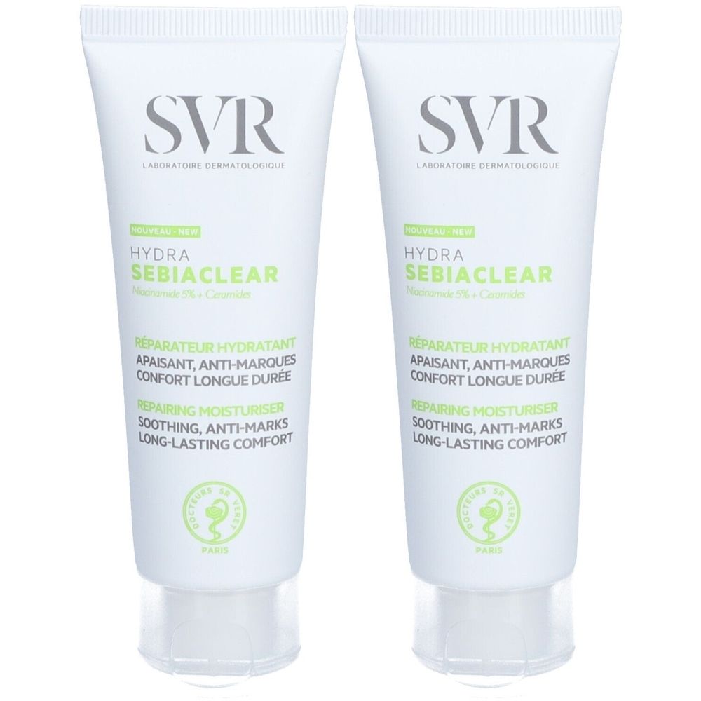 Deux tubes blancs avec texte vert. SVR en haut, Hydra Sebiaclear en dessous. Texte: Réparateur Hydratant, Apaisant, Anti-Marques, Confort Longue Durée.