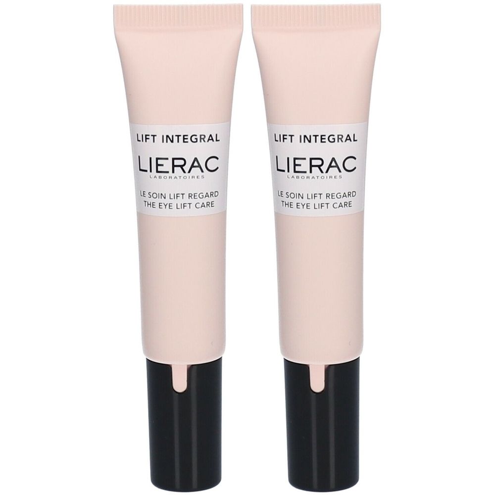 Deux tubes de soin pour les yeux. Tubes rose clair avec bouchon noir. Inscription : Lierac, Lift Integral, Le soin lift regard, The eye lift care.
