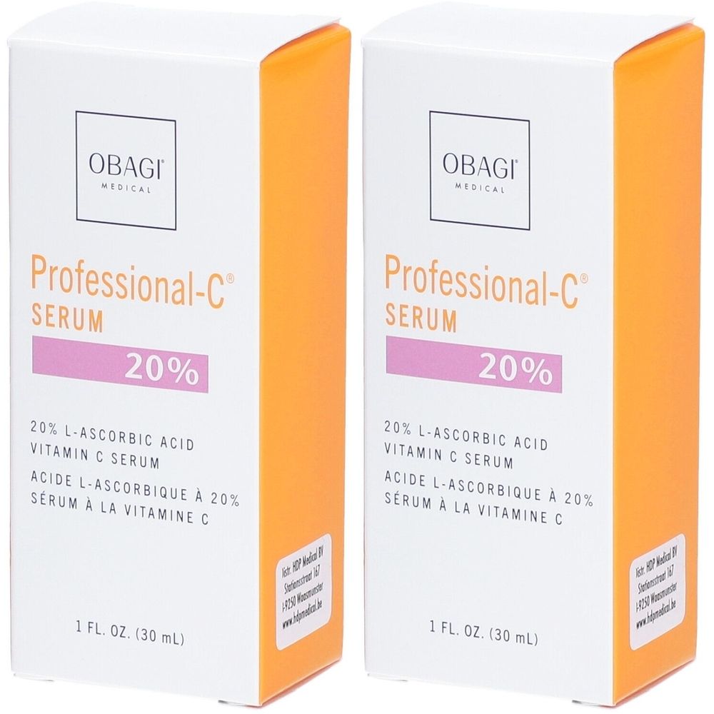 Deux boîtes blanches et oranges. Inscription: Professional-C Serum 20%. Contient 20% d'acide L-ascorbique, sérum à la vitamine C.