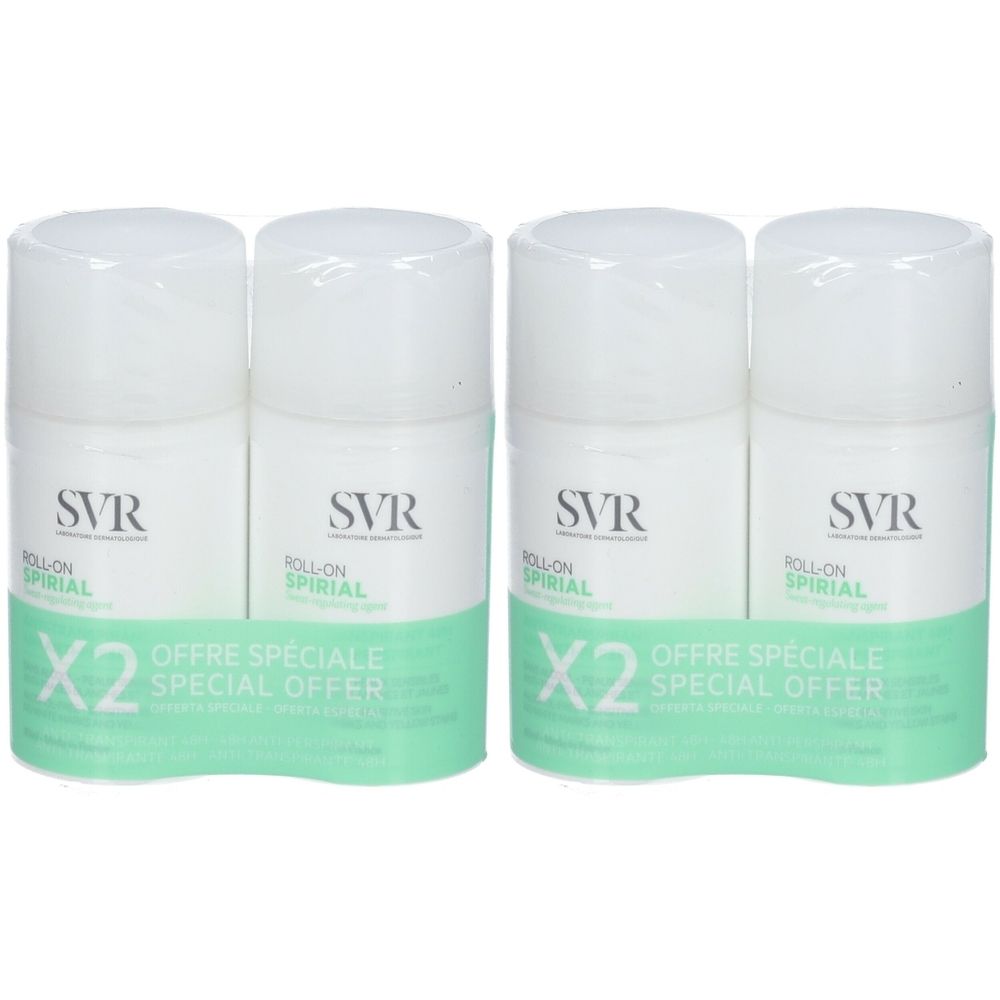 Vier Roll-On-Deodorants in einer Packung. Weiße Flaschen mit grünen Etiketten. Aufschrift: SVR, SPIRIAL, X2, Offre Spéciale.
