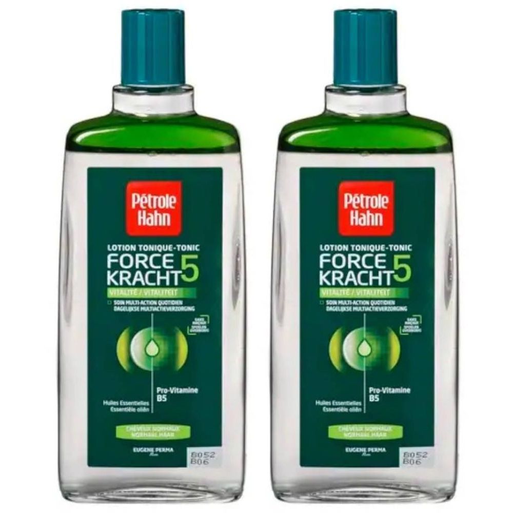 Deux flacons de lotion avec bouchons verts. Étiquettes avec "Pétrole Hahn" et "Force 5".