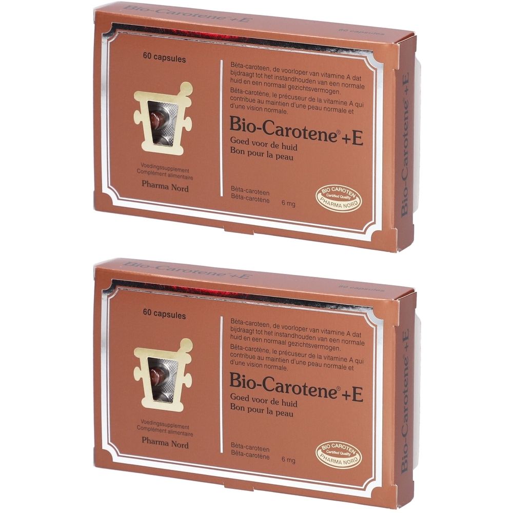 Deux boîtes marron avec "Bio-Carotene +E". Inscription "60 capsules". Marque Pharma Nord.