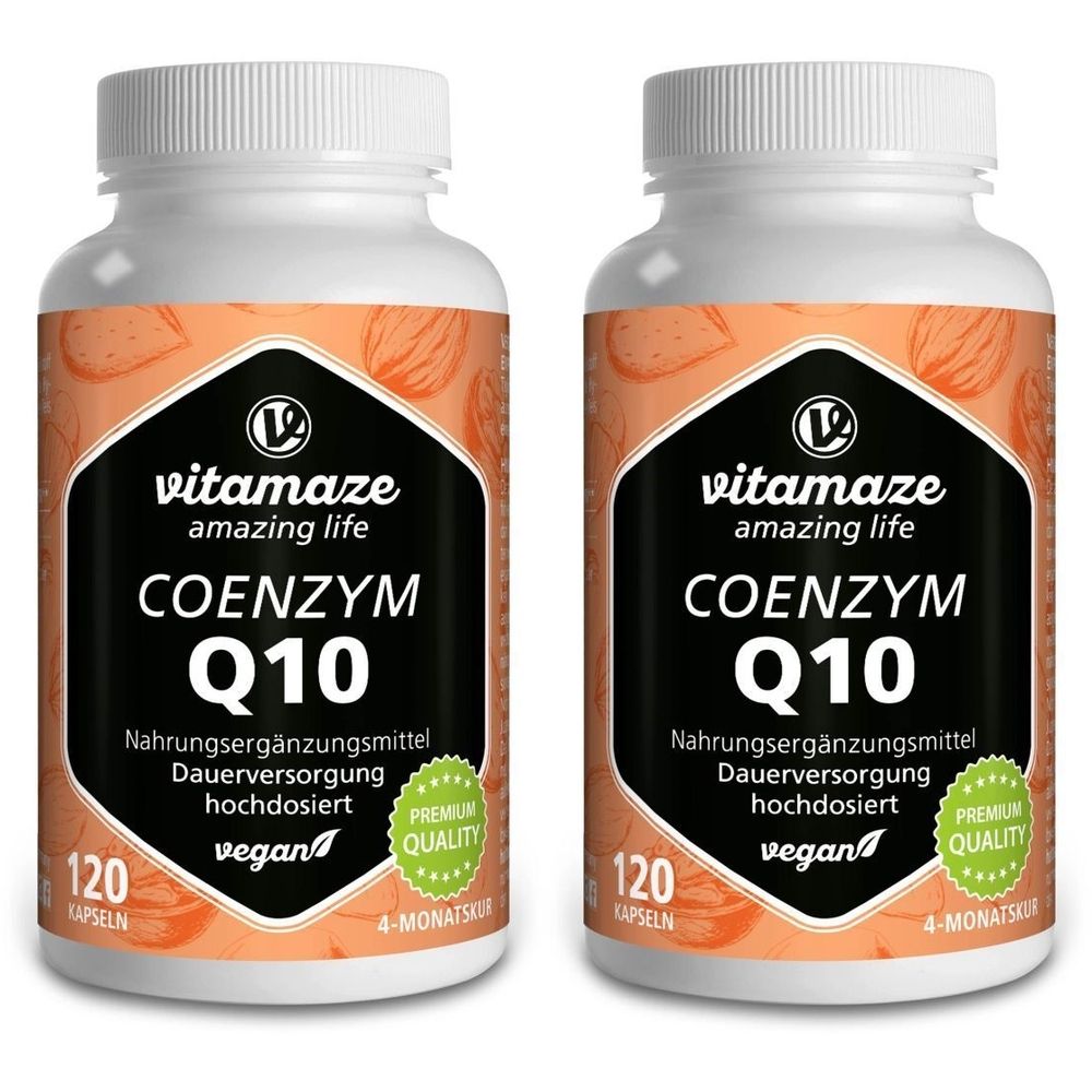 Zwei Flaschen mit Nahrungsergänzungsmittel. Schwarzes Etikett mit "COENZYM Q10" und "Vitamaze". 120 Kapseln, vegan, Premium Qualität.
