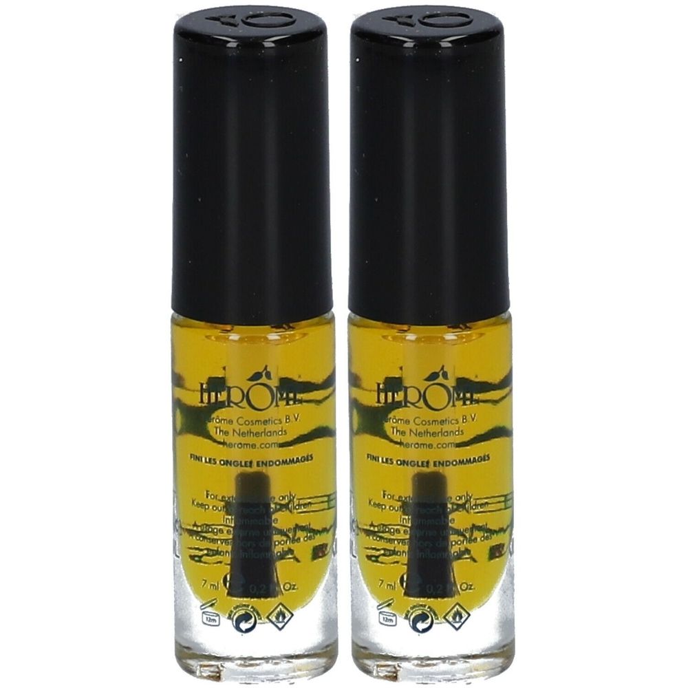 Zwei Flaschen mit gelber Flüssigkeit und schwarzem Deckel. Aufschrift: Herôme. Für feine, beschädigte Nägel.