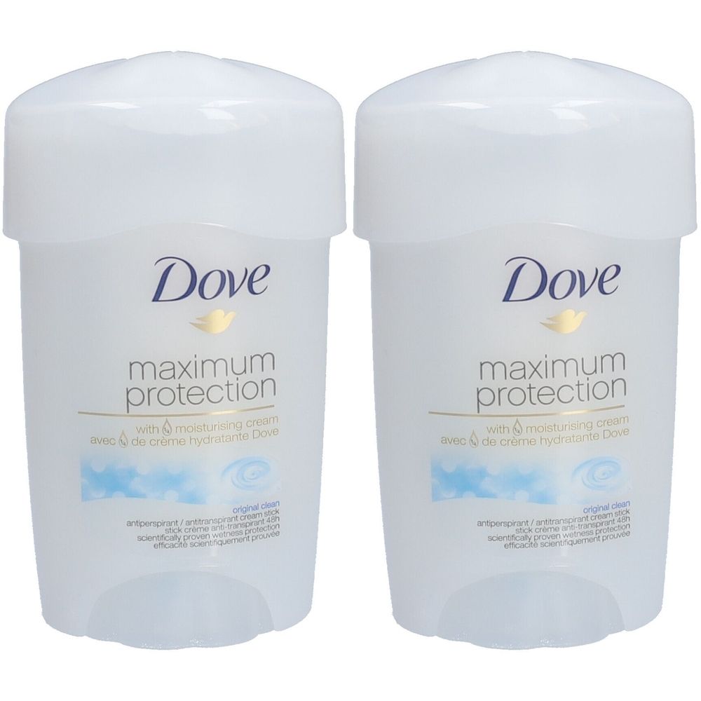 Deux sticks déodorants Dove Maximum Protection blancs. Inscriptions et logo bleus.