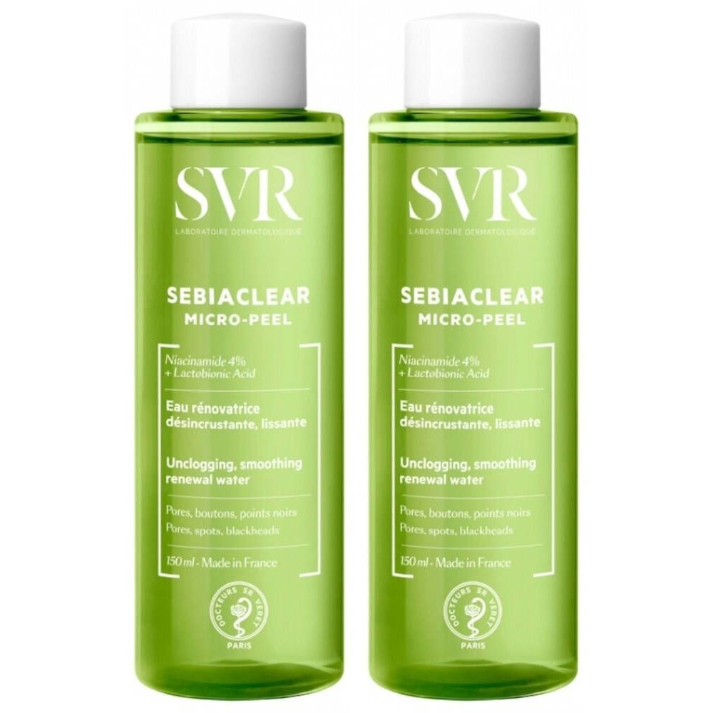 Zwei grüne Flaschen mit weißem Deckel. Aufschrift: SVR SEBIACLEAR Micro-Peel. Französische Beschriftung. 150ml.
