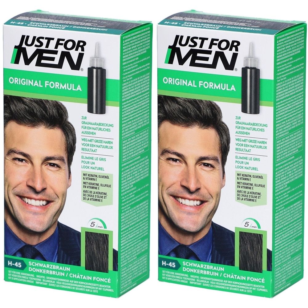 Deux boîtes de JUST FOR MEN. Inscription : Original Formula, H-45 Schwarzbraun. Image d'un homme aux cheveux foncés.