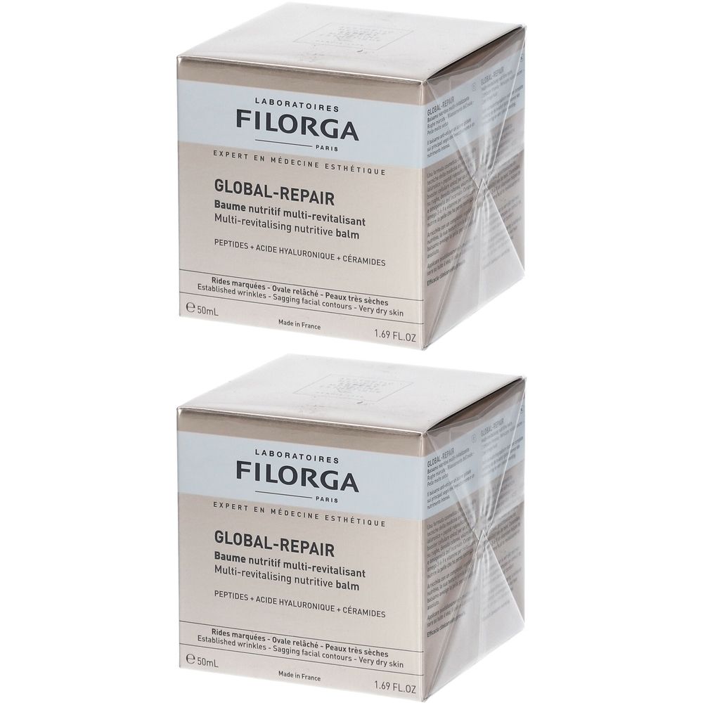Deux boîtes carrées. Inscription: LABORATOIRES FILORGA, GLOBAL-REPAIR, Baume nutritif multi-revitalisant. Emballées dans du film plastique.