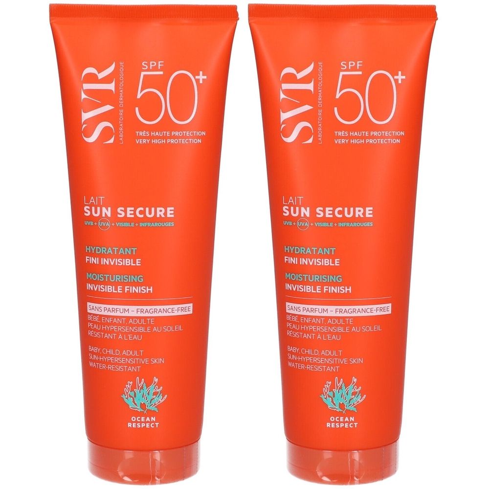 Deux tubes de crème solaire SPF 50+. Emballage orange avec texte blanc. Marque SVR, nom du produit Sun Secure.