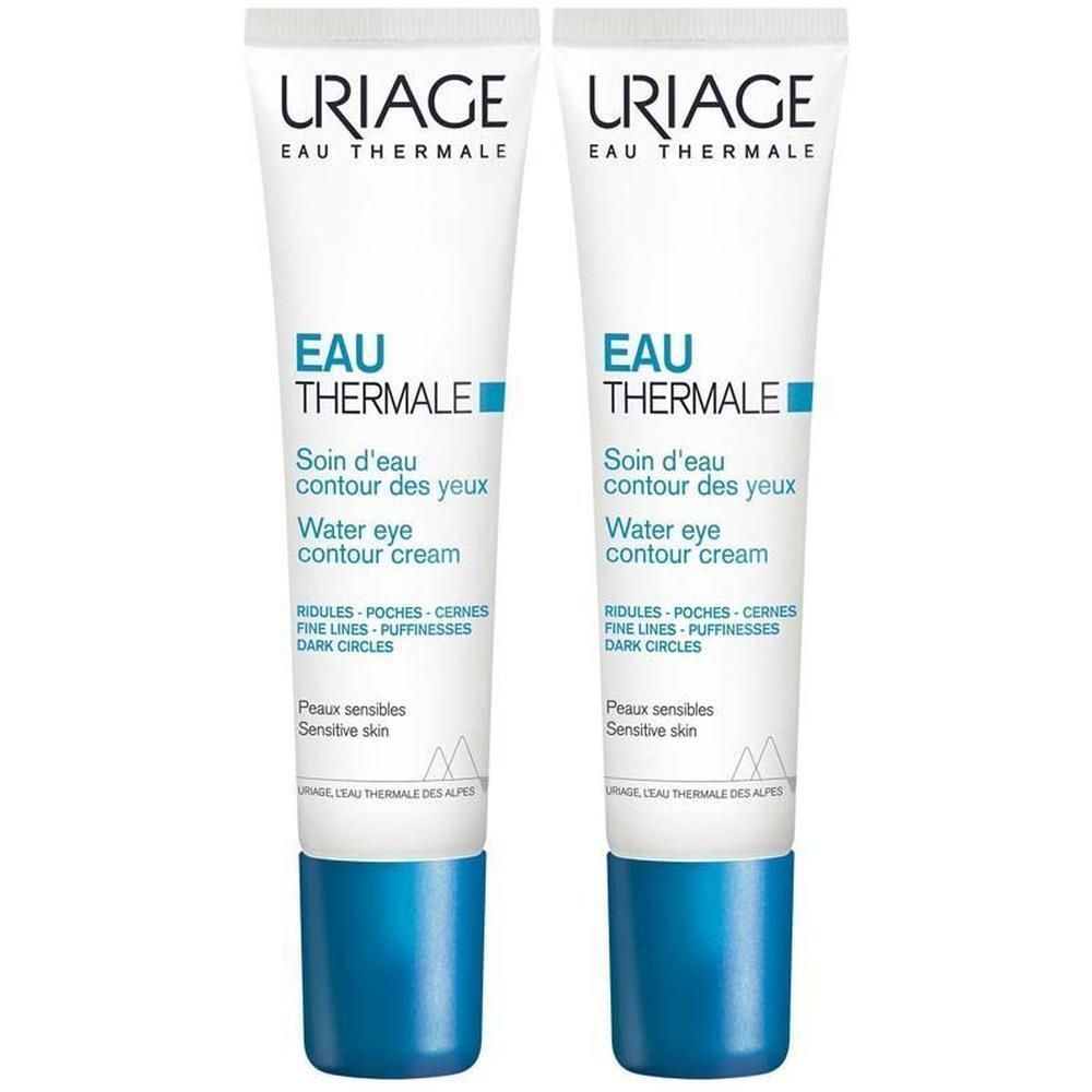 Deux tubes de crème pour les yeux. Blanc, bleu, texte. Marque : Uriage.