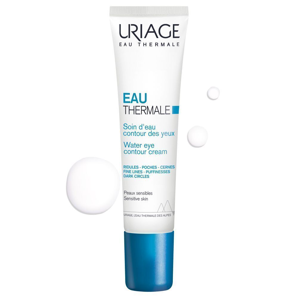 Tube de crème pour les yeux, blanc, bleu. Marque : Uriage. 3 gouttes blanches.
