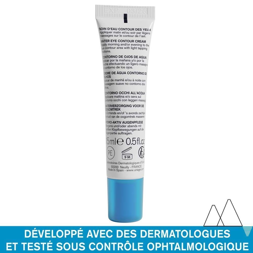 Dos du tube de crème pour les yeux. Texte en plusieurs langues.