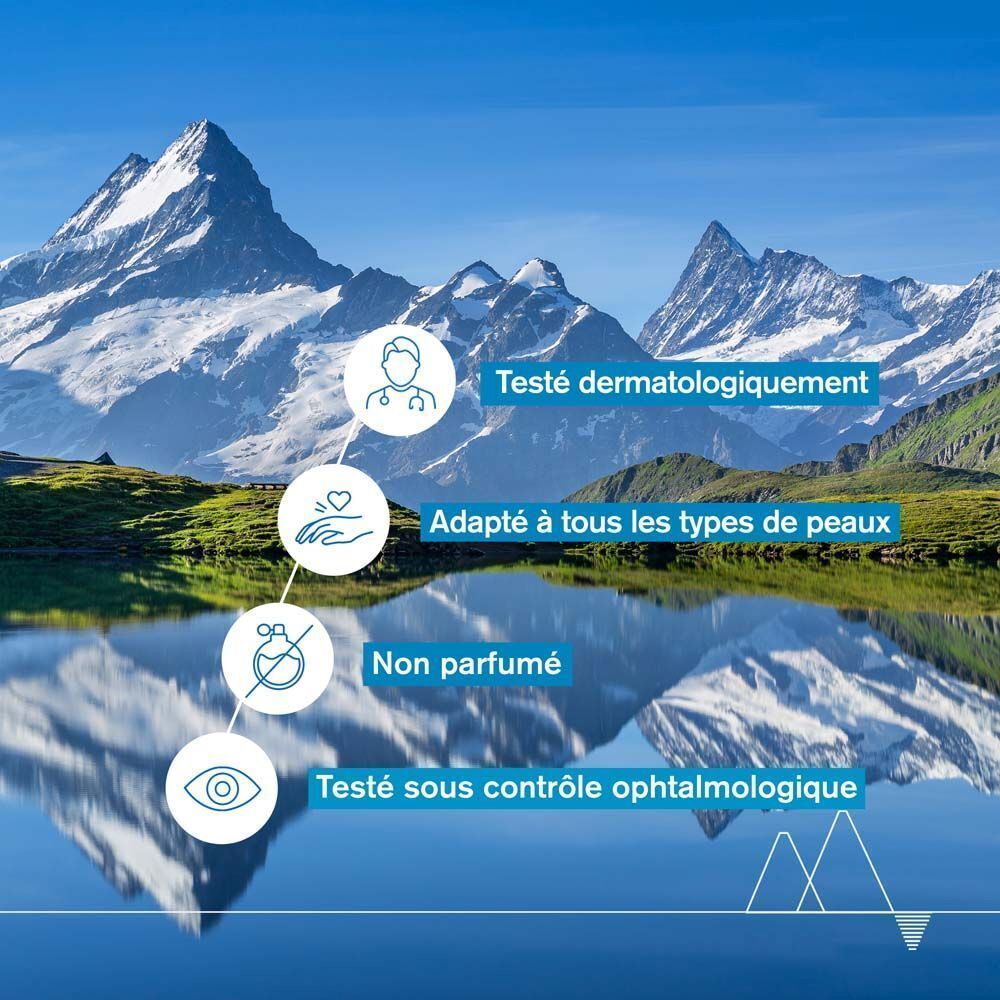 Paysage avec montagnes. Texte : Testé dermatologiquement, Adapté à tous les types de peaux.