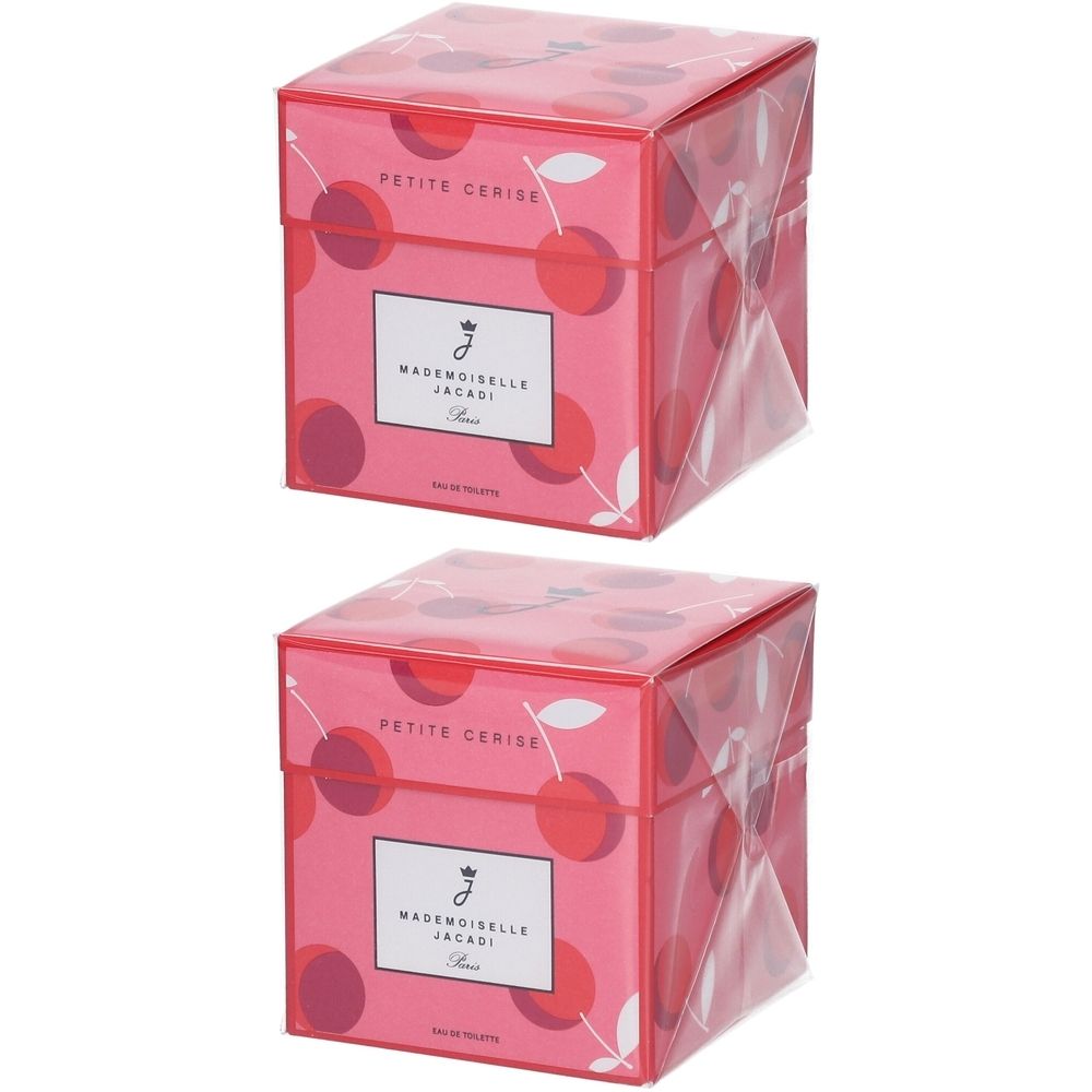 Zwei quadratische, pinkfarbene Schachteln mit Kirschmuster. Auf der Vorderseite steht "PETITE CERISE" und "MADEMOISELLE JACADI".