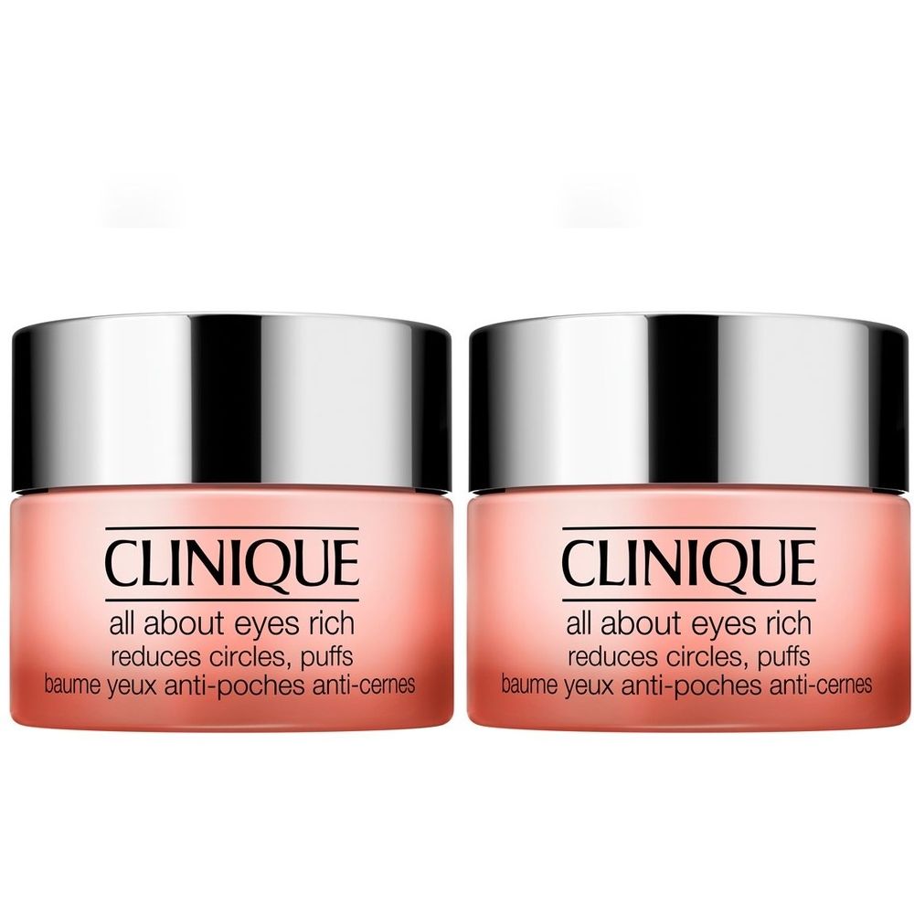 Deux pots roses avec couvercles argentés. Inscription: CLINIQUE, all about eyes rich, réduit les cernes, les poches.