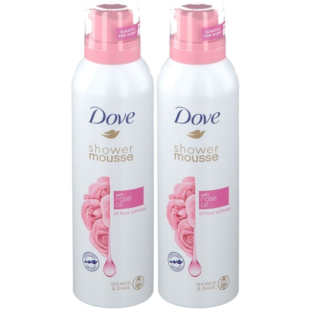 Deux flacons blancs avec bouchons roses. Inscription Dove, Shower Mousse, illustration de roses. Texte : with rose oil, 24 hour softness.