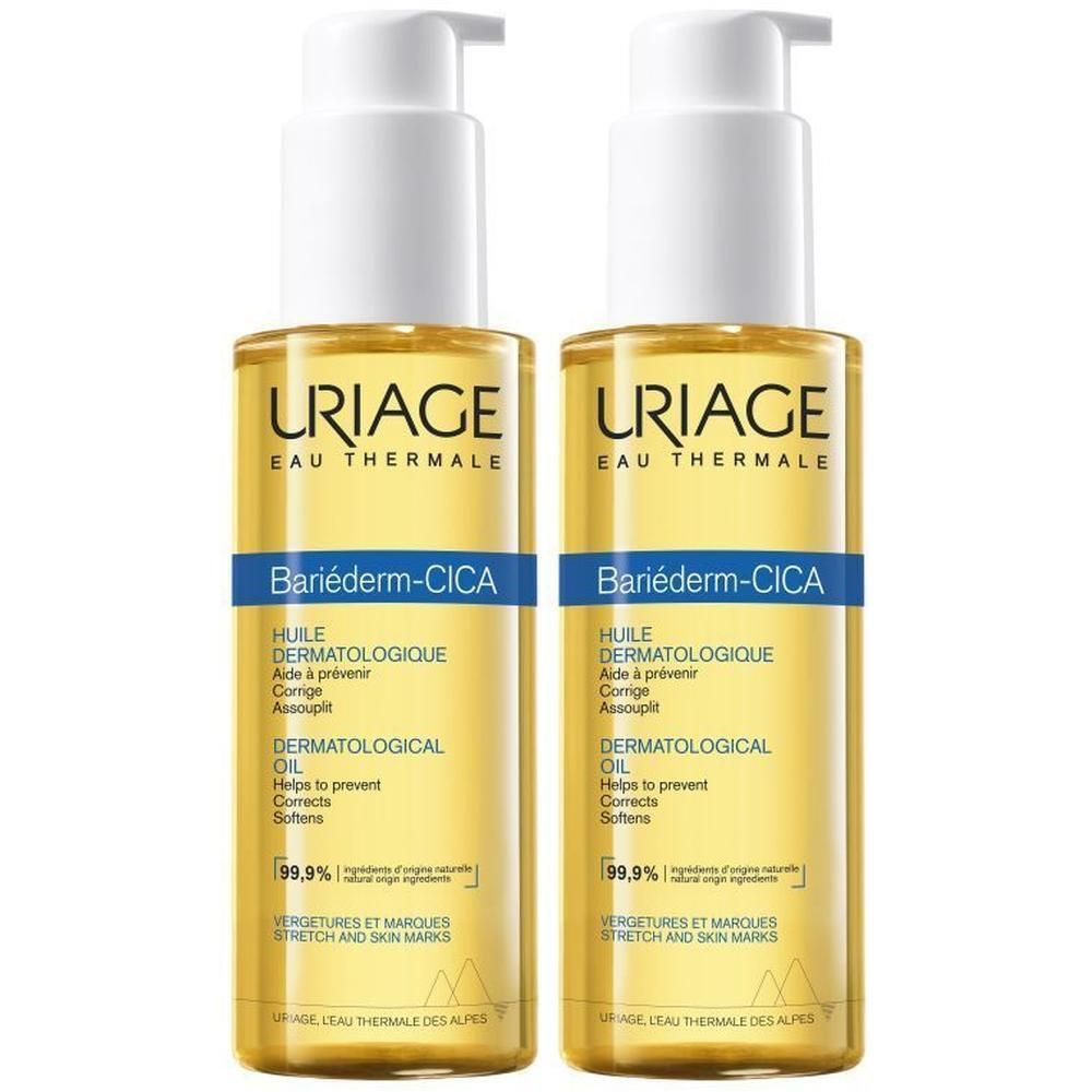 Deux flacons URIAGE Bariéderm-CICA-HUILE. Liquide jaune dans flacons transparents avec pompe blanche. Étiquettes bleues.
