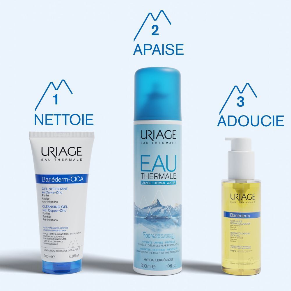 Flacon URIAGE Bariéderm-CICA-HUILE. Texte: Développé et recommandé par les dermatologues.