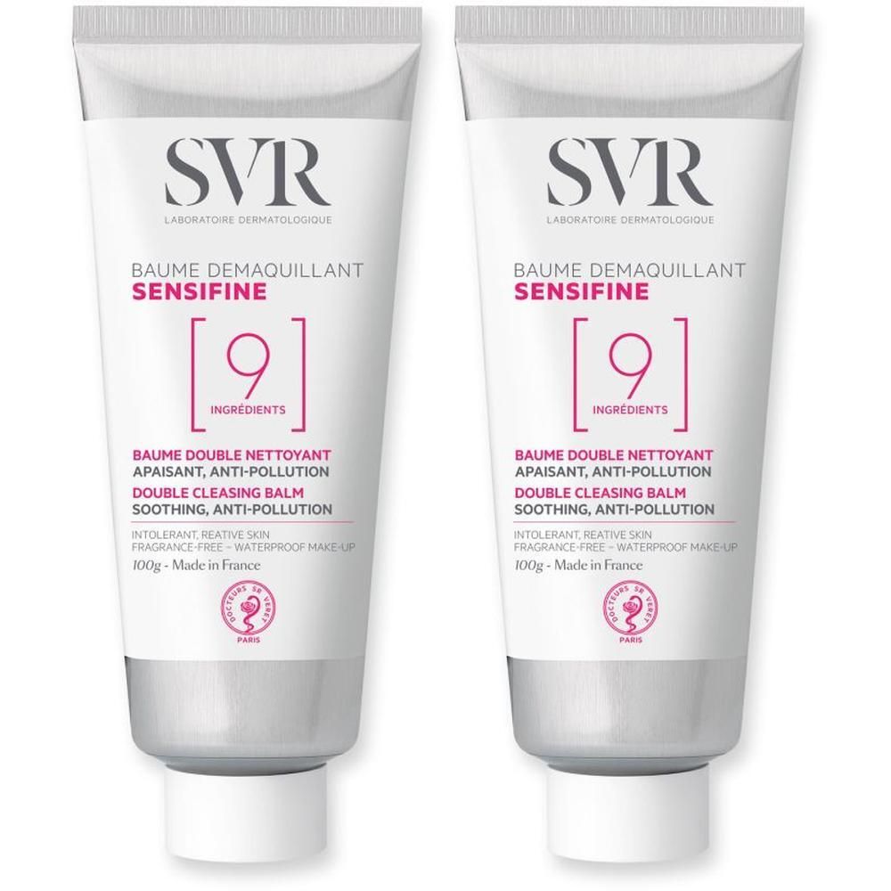Deux tubes de SVR Sensifine Baume Demaquillant. Tubes blanc et argent avec nom et logo du produit. Inscription : 9 ingrédients.