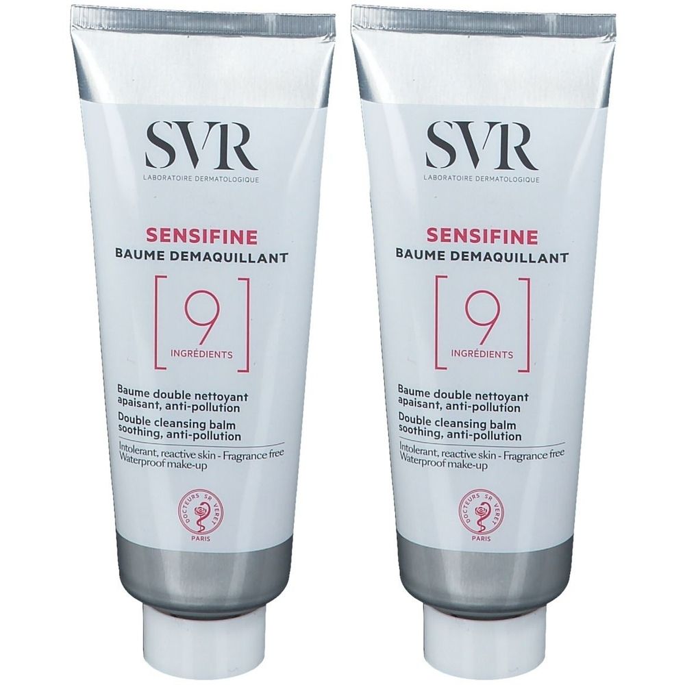 Deux tubes de SVR Sensifine Baume démaquillant. Tubes blancs avec bouchons argentés. Texte : Sensifine, 9 ingrédients, Baume démaquillant.