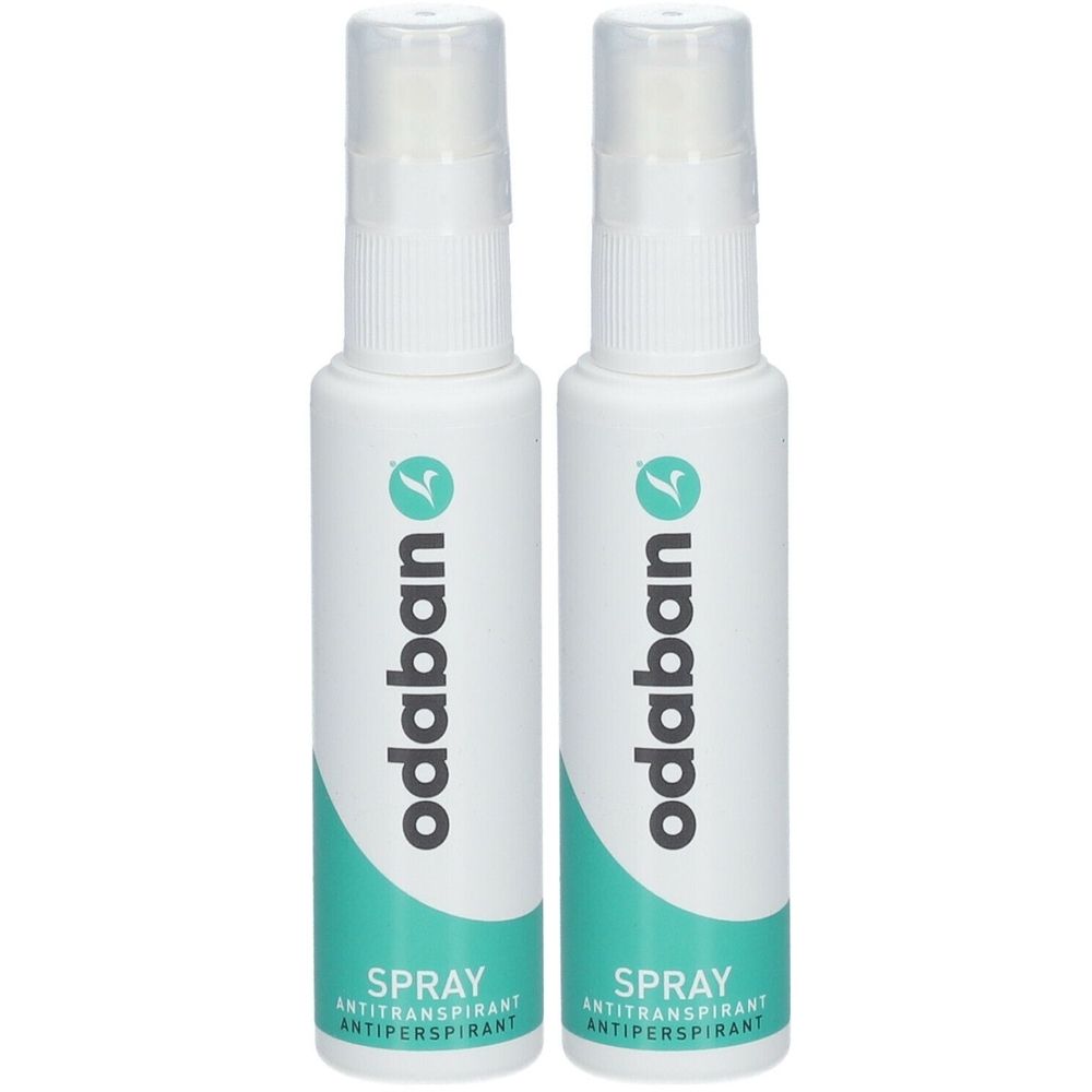 Deux flacons spray blancs avec le logo et le texte "odaban". Inscription : Spray Antitranspirant/Antiperspirant.
