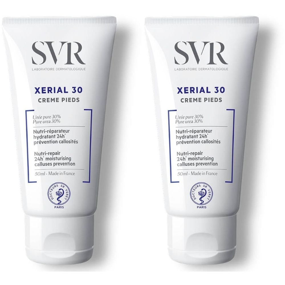 Zwei weiße Tuben mit blauer Aufschrift: SVR Xérial 30 Crème Pieds. Text: Pure Urea 30%, Nutri-repair, 50ml. Hergestellt in Frankreich.