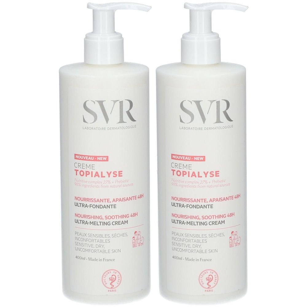 Zwei weiße Flaschen mit Dosierpumpen. Auf jeder Flasche steht "SVR" und "Crème Topialyse". Text in Französisch und Englisch.