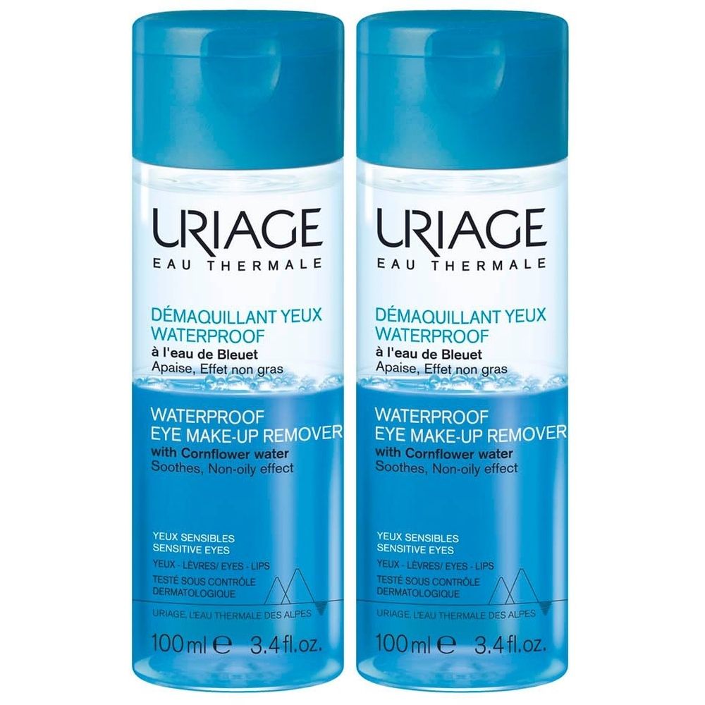 Zwei Flaschen Uriage Démaquillant yeux waterproof. Blaue Flaschen mit weißer Schrift. Enthält Augen Make-up Entferner.