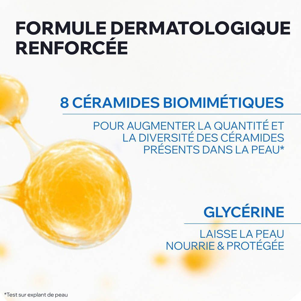 Boules jaunes. Texte : Formule dermatologique. 8 céramides biomimétiques. Glycérine.