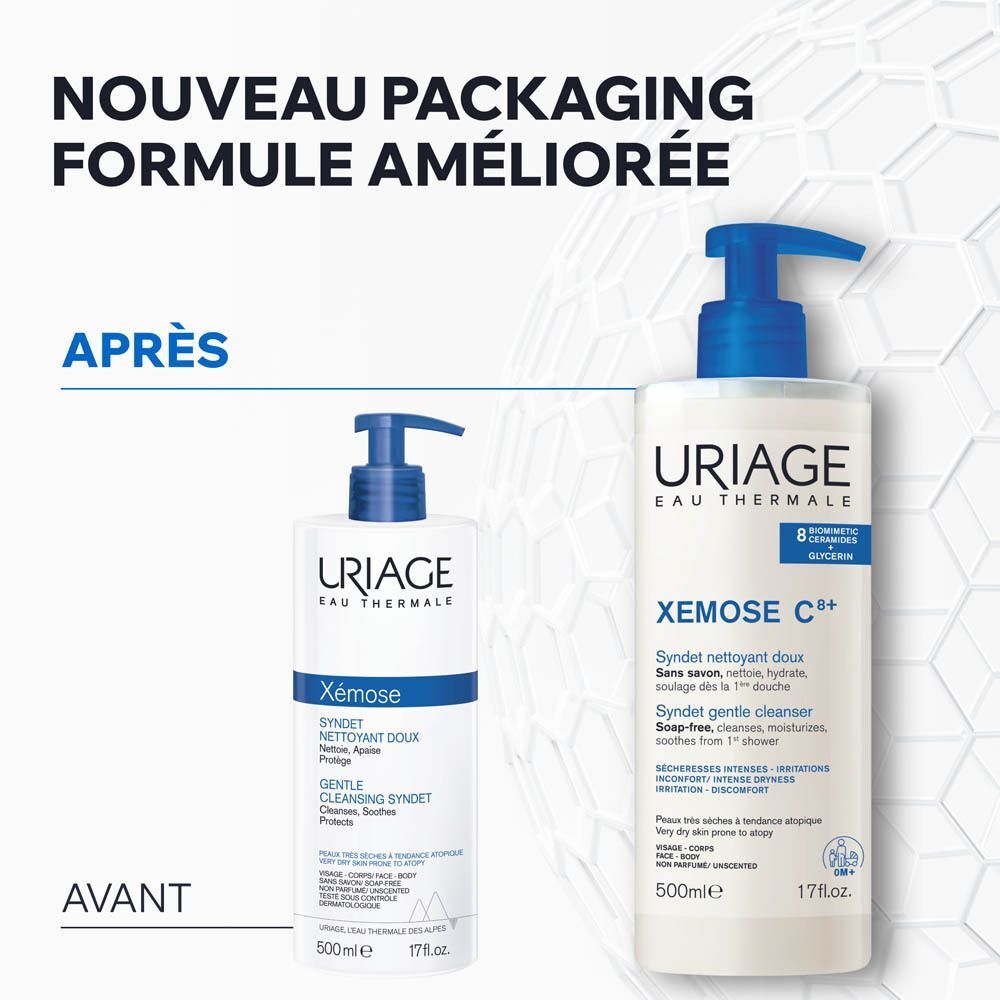 Comparaison avant-après. Uriage Xemose Syndet et Uriage Xemose C+ Syndet.