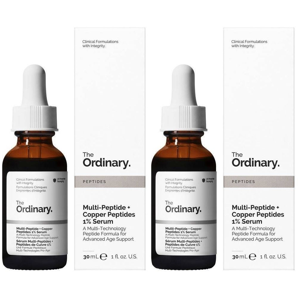 Braune Glasflaschen mit Pipette und weißer Verpackung. Aufschrift: The Ordinary, Multi-Peptide + Copper Peptides 1% Serum.