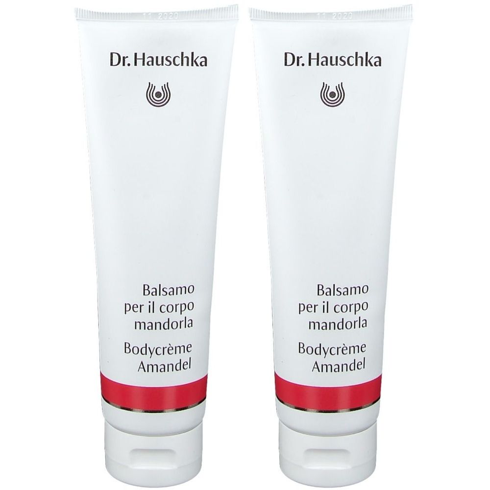 Zwei Tuben Körperbalsam. Weiß, mit rotem Streifen und Schriftzug. Marke: Dr. Hauschka. Aufschrift: Balsamo per il corpo mandorla, Bodycrème Amandel.