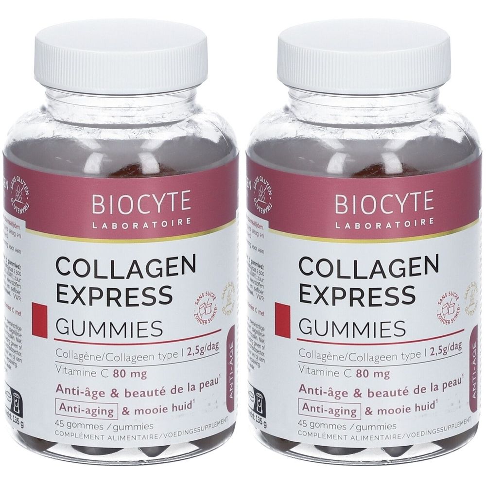 Zwei Flaschen BIOCYTE Collagen Express Gummies. Klare Kunststoffflaschen mit weißen Deckeln. Etiketten mit Produktinformationen und Markenlogo.