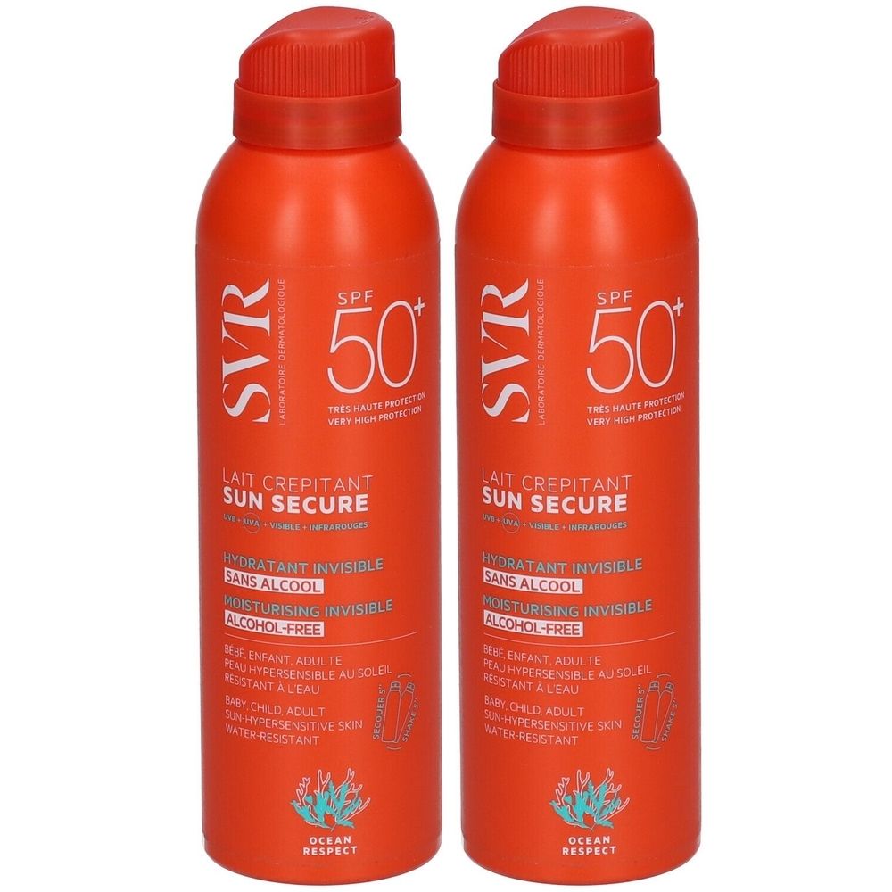 Zwei orangefarbene Sprays mit rotem Deckel. Aufschrift: SVR, SPF 50+, SUN SECURE, feuchtigkeitsspendend, alkoholfrei.