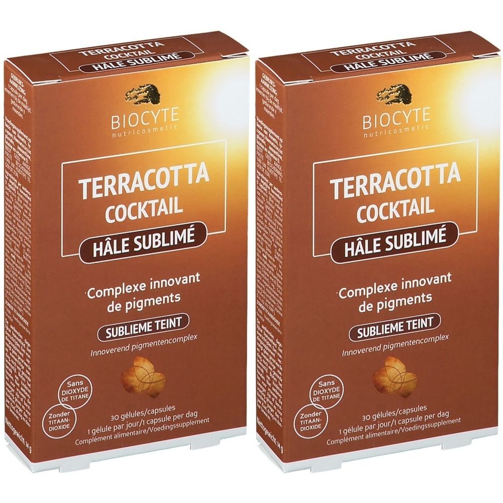 Zwei rechteckige Schachteln mit der Aufschrift "TERRACOTTA COCKTAIL HÂLE SUBLIMÉ". Marke: BIOCYTE. Enthält 30 Kapseln.