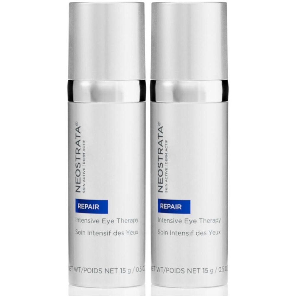 Zwei weiße Flaschen mit silbernen Deckeln. Aufschrift: NEOSTRATA, REPAIR, Intensive Eye Therapy. Nettogewicht 15 g.