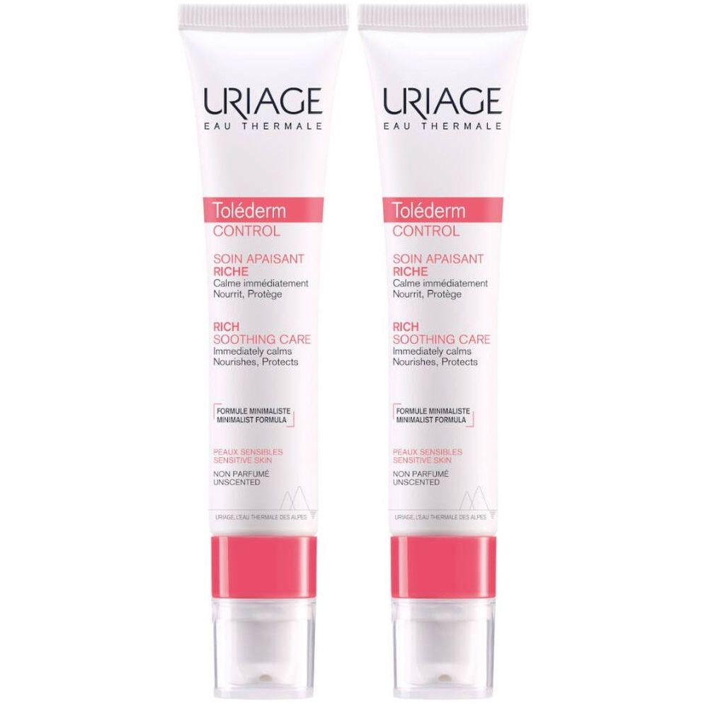 Zwei Tuben Uriage Toléderm CONTROL. Weiß, mit rosa Akzenten und Produktbezeichnungen. Aufschrift: Soin Apaisant Riche.