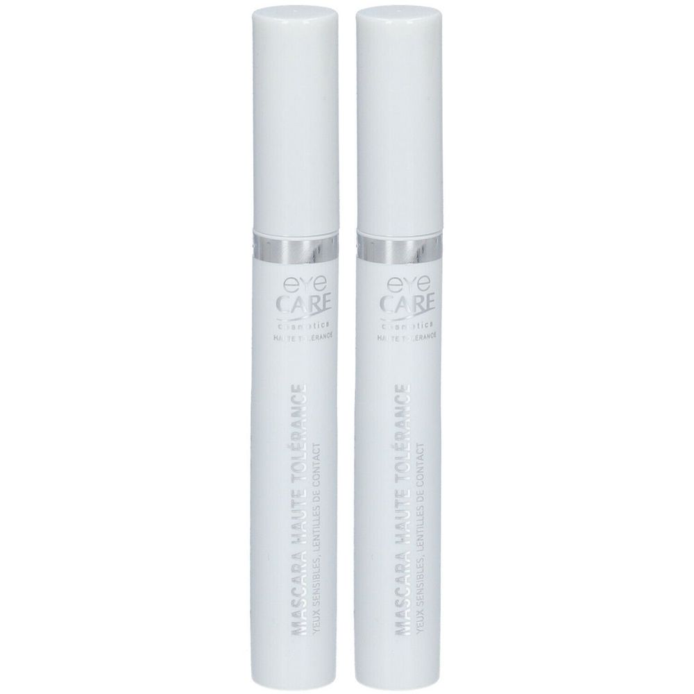 Zwei weiße Mascara-Tuben mit silbernen Akzenten. Aufschrift: eye CARE, Mascara Haute Tolérance.