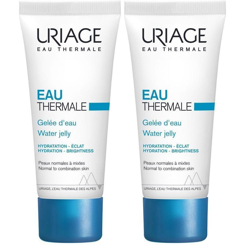 Deux tubes de Uriage Eau Thermale Gelée d'eau. Blanc, bouchon bleu. Texte: Eau Thermale, Water Jelly.