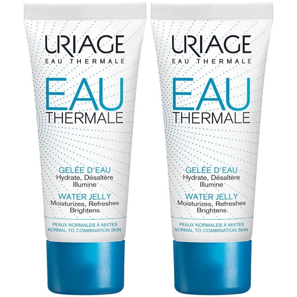 Deux tubes de gelée d'eau URIAGE. Fond blanc, texte bleu. Inscription: Eau Thermale, Gelée d'eau, Water Jelly. Pour peaux normales à mixtes.